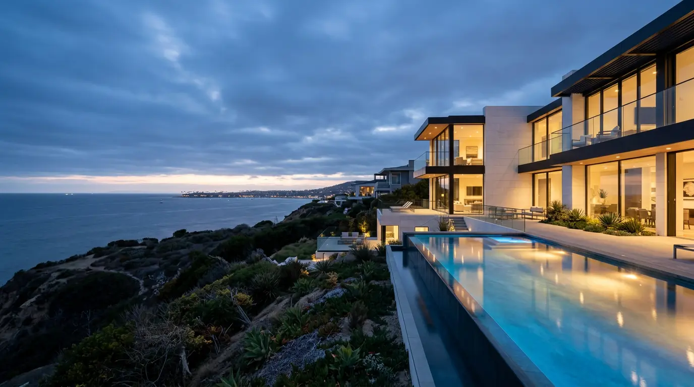 Contemporary oceanfront estate with an illuminated infinity pool at dusk